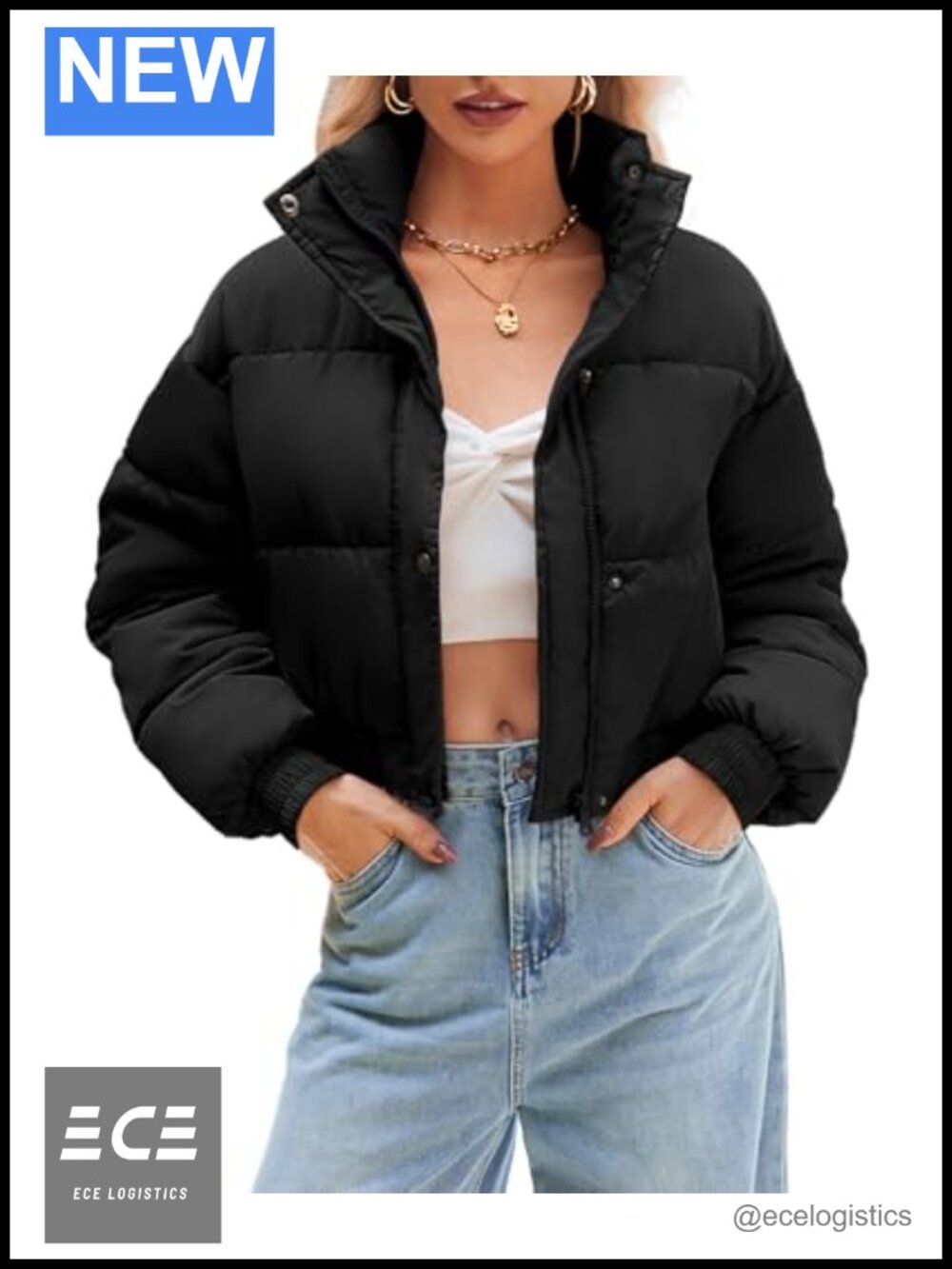 Quilted Cropped Puffer Jacket Lightweight Warm Zip Snap Casual Winter Coat